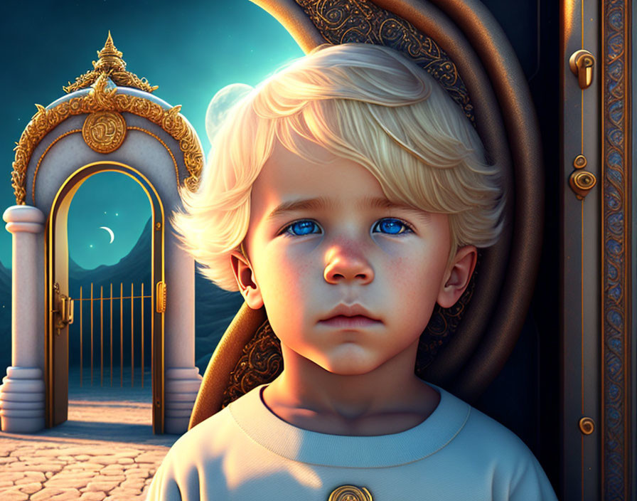 Digital artwork: Young child with blue eyes at golden gate under night sky