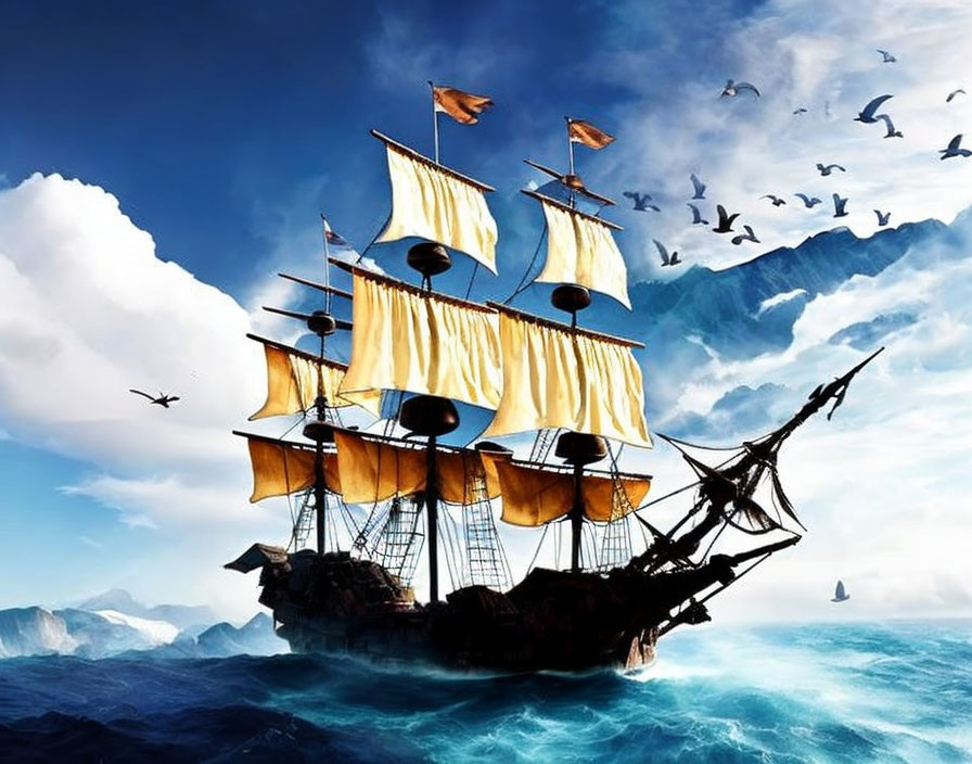 Majestic sailing ship with billowing sails on blue waters