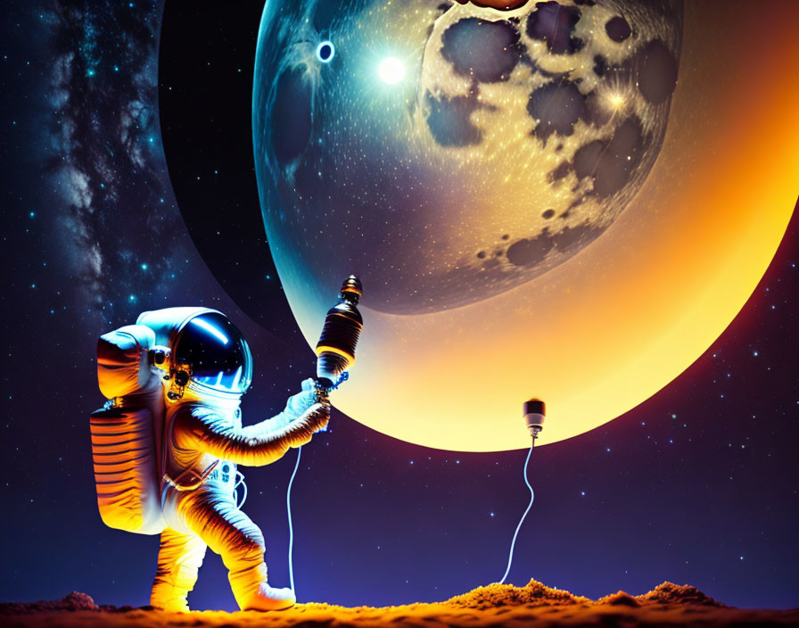 Astronaut connecting lightbulbs on alien landscape with planet, moon, and star.