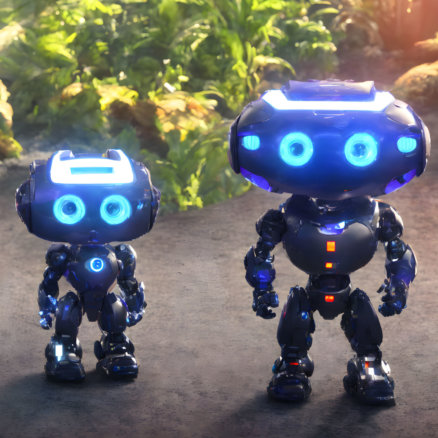 Futuristic robots with blue accents in dimly lit setting amid green foliage