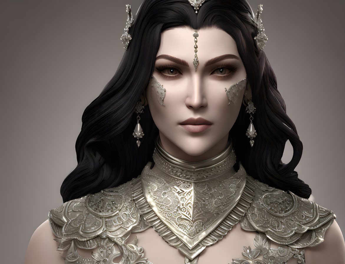 Digital artwork: Woman in black hair, silver armor with intricate patterns.