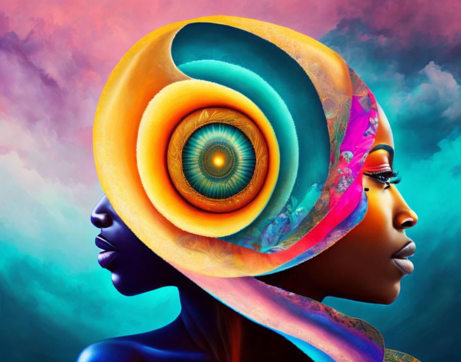 Colorful Digital Artwork: Two Profiles with Shared Turban & Detailed Eye