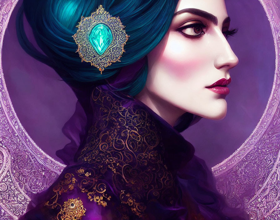 Illustrated portrait of woman with teal hair and emerald headpiece on purple backdrop