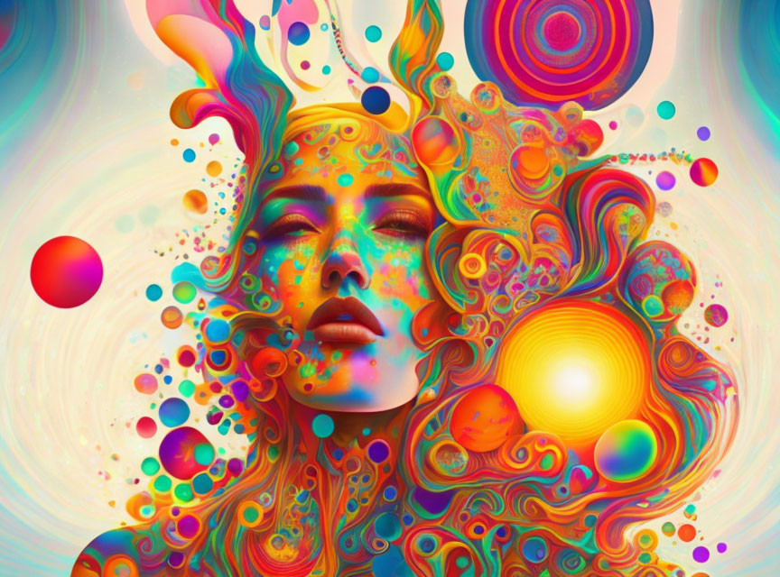 Colorful digital artwork: Woman's face with psychedelic patterns and abstract shapes