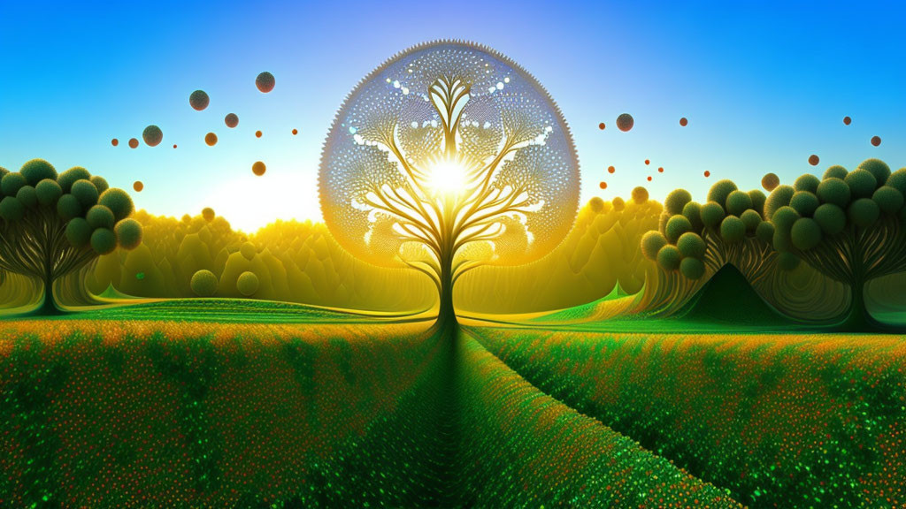 Symmetrical tree art with luminous background and whimsical landscape.