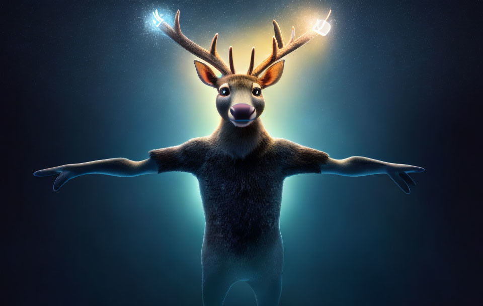 Glowing antlered reindeer under mystical blue light