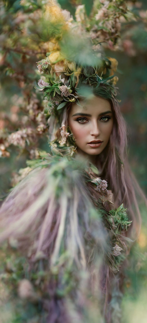 Floral headpiece person in mystical foliage setting