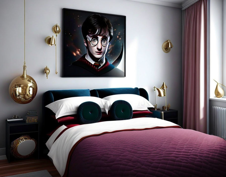 Themed Bedroom with Large Wall Portrait and Golden Snitches