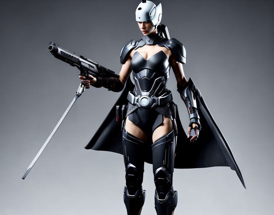 Futuristic female warrior in black armor with sword and gun on gray background