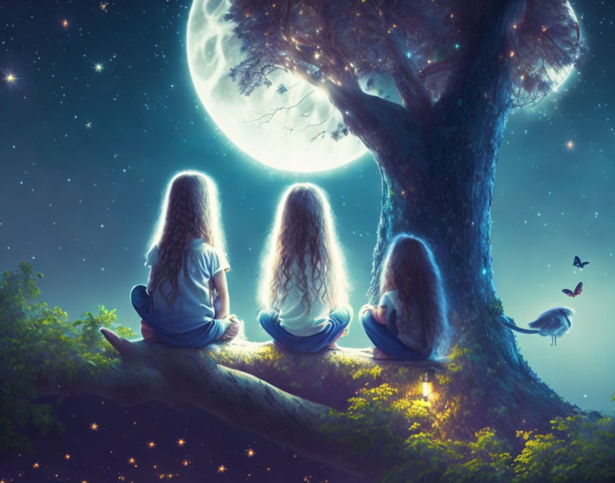 Three people with long hair under moonlight on tree branch surrounded by fireflies