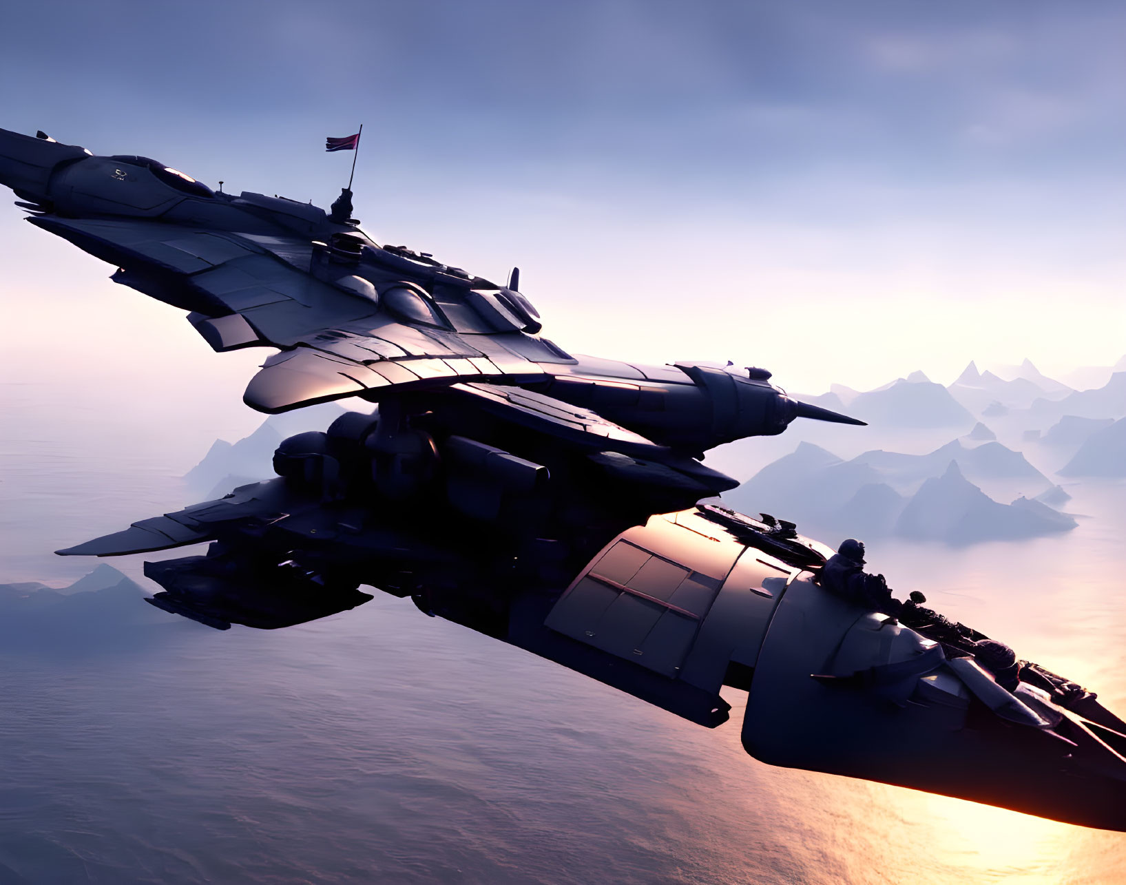 Futuristic aircraft over jagged mountains at sunset