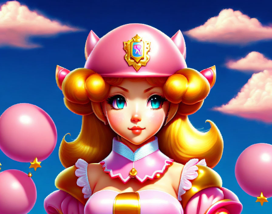 Character with golden hair and blue eyes in pink helmet surrounded by balloons and stars on blue sky