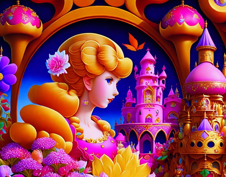 Blonde princess in pink gown at purple castle with butterfly