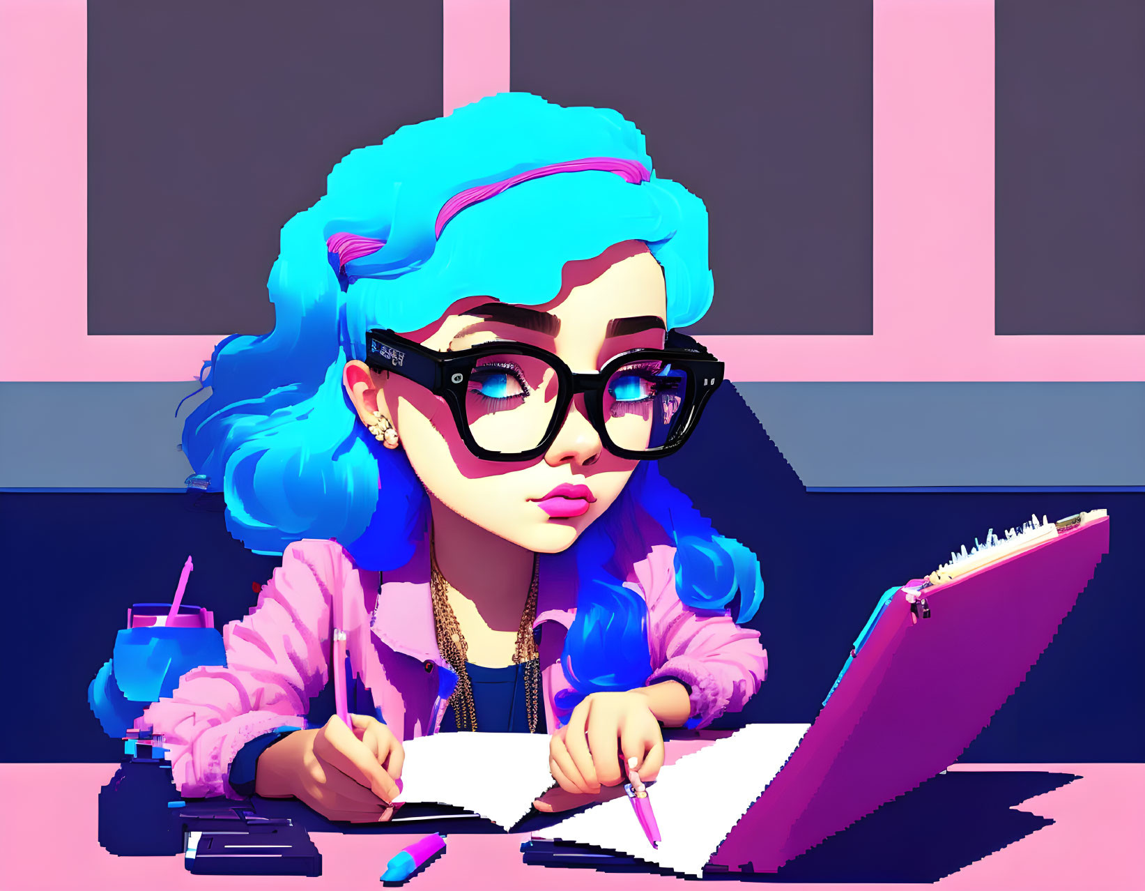 Illustration of girl with blue hair and glasses writing, with soda cup, on pink and blue background