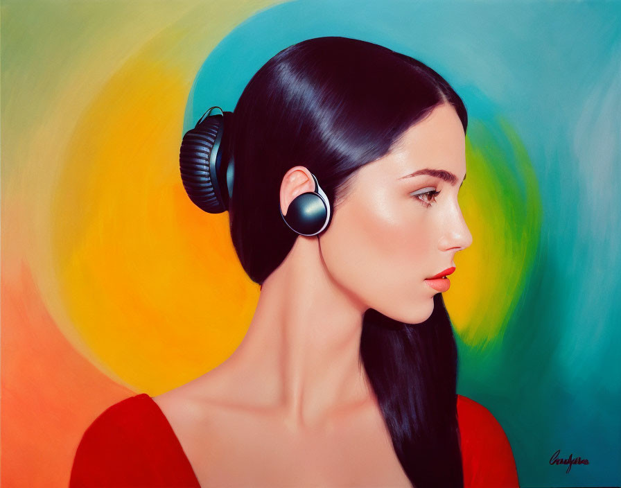 Dark-haired woman with red lipstick in circular headphones on vibrant background