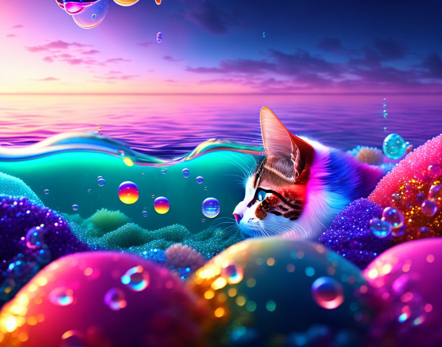 Colorful Cat Surrounded by Iridescent Bubbles in Fantasy Ocean Setting