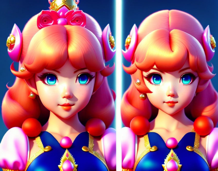 Colorful 3D rendering of female character with pink hair and crown