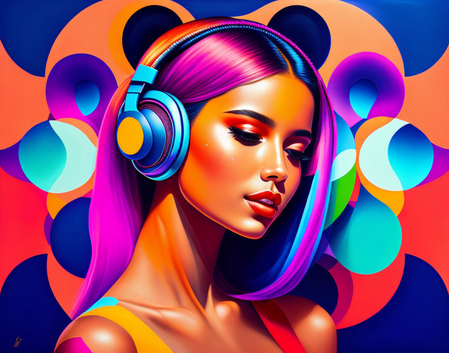 Colorful digital portrait of a woman with pink hair and headphones.