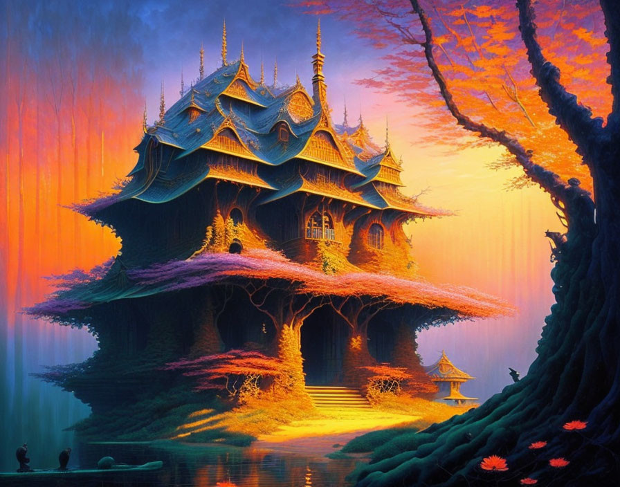 Traditional-style building surrounded by vibrant trees under purple and orange sky