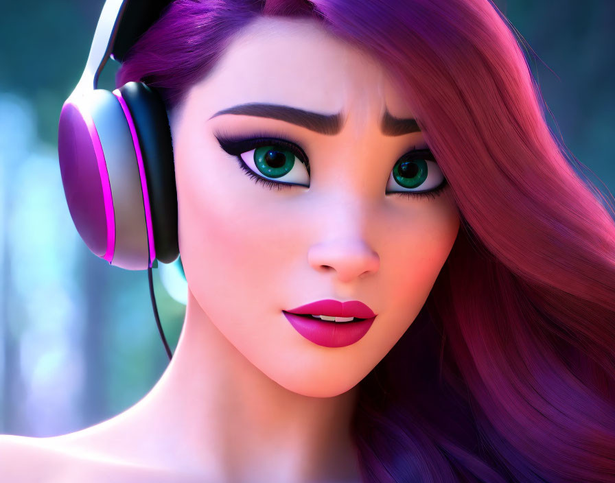 Vibrant purple hair 3D female character with green eyes and headphones in forest setting