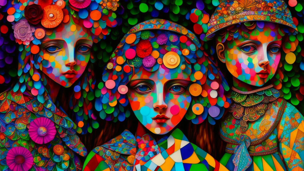 Vibrant artwork of three stylized faces with floral and geometric patterns