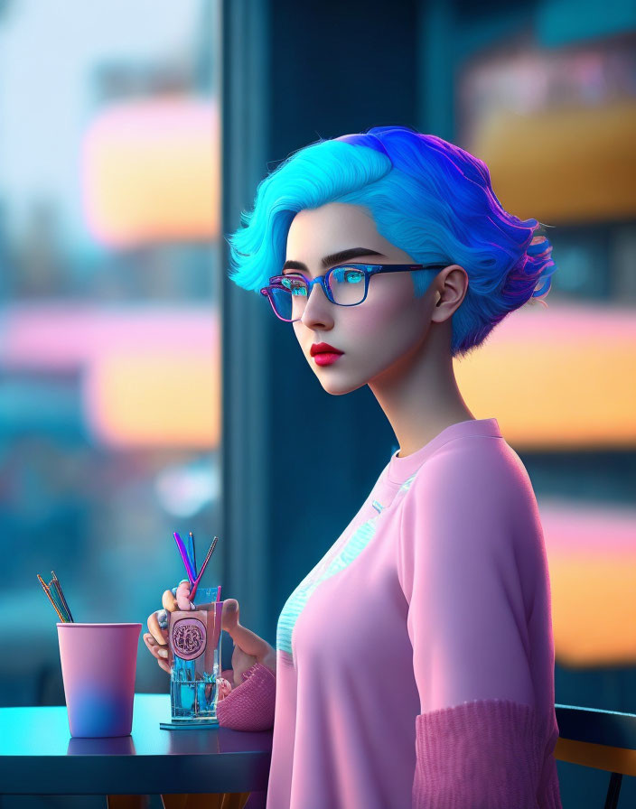 Stylized image of person with blue hair and glasses holding a drink