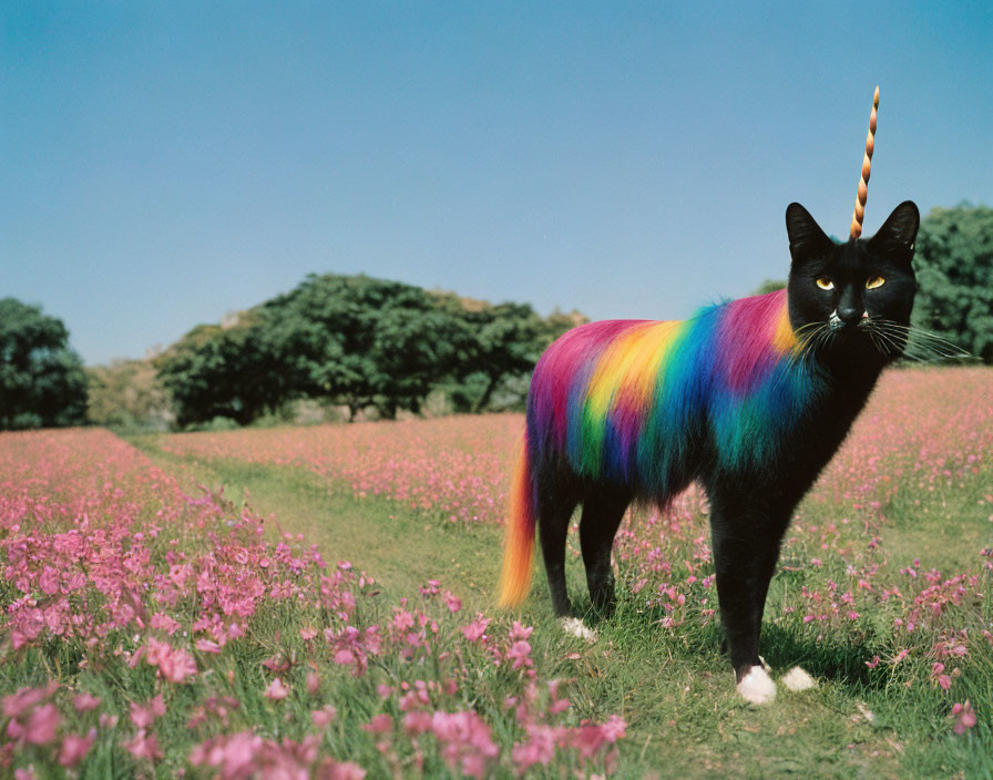 Digitally altered image: Black cat with rainbow body and unicorn horn in pink flower field