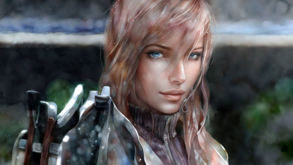 Digital image: Female character with fair skin, light hair, blue eyes, in armor, under rain