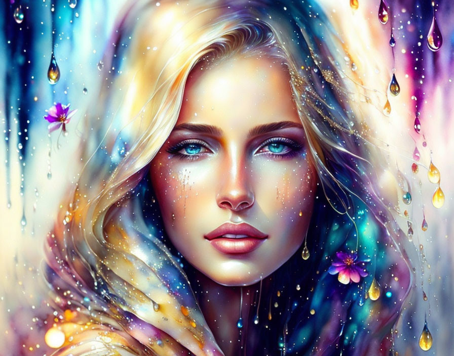 Digital artwork: Woman with blue eyes, sparkling droplets, and whimsical flowers.