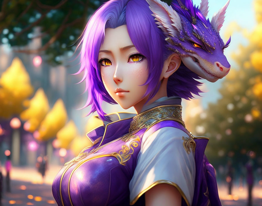 Purple-haired female character with dragon companion in digital art.