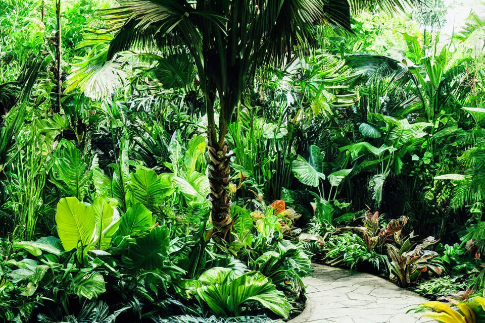 Tropical garden with lush green plants and winding path