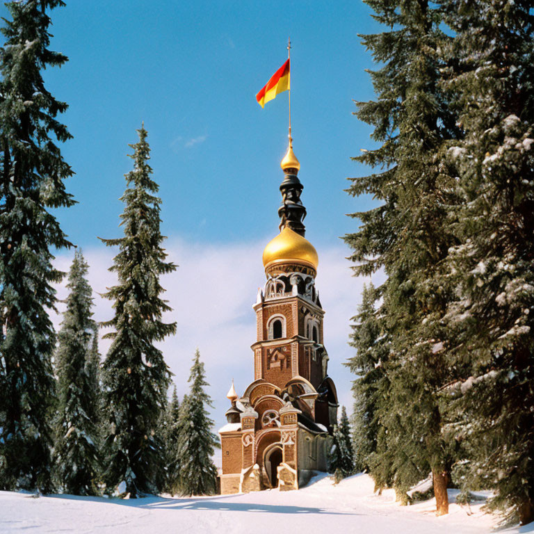 Orthodox church with golden dome in snowy forest landscape