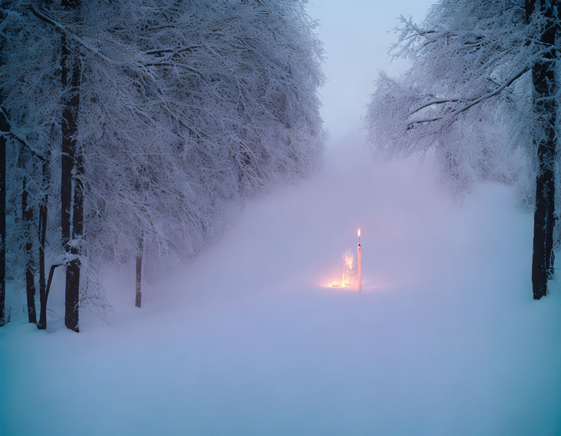 Winter forest landscape with frosted trees and glowing light in dense fog