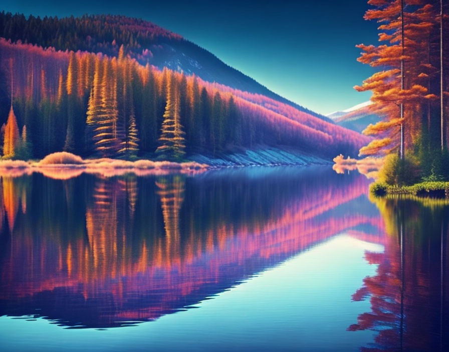 Tranquil lake with colorful trees and forested mountain at twilight