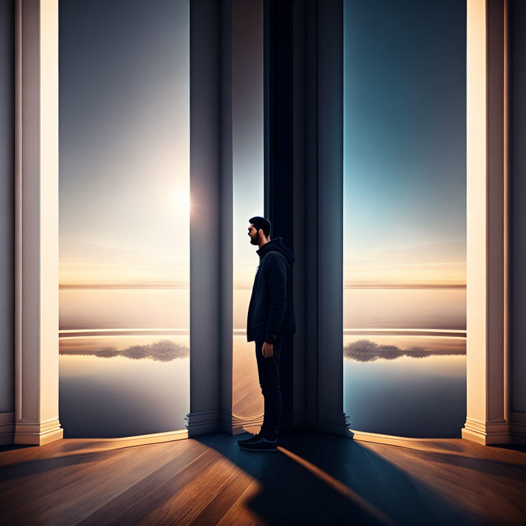 Person between giant columns views surreal seascape at dusk