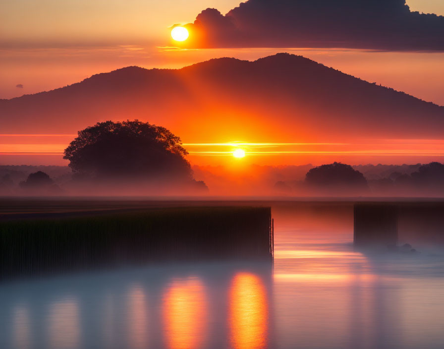 Tranquil sunrise over silhouetted mountains and reflective water