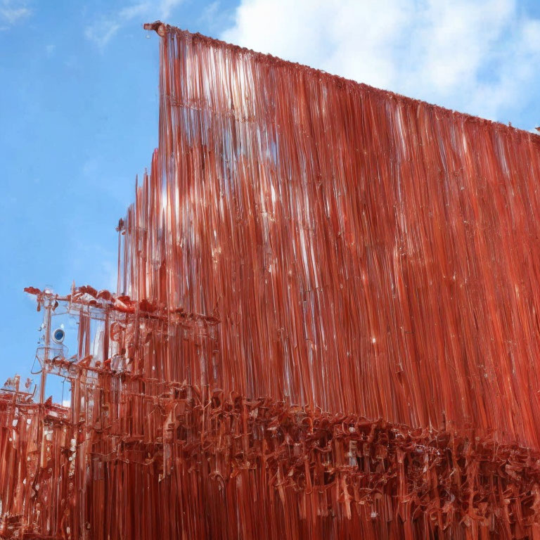 Red Vertical String Art Installation Against Blue Sky