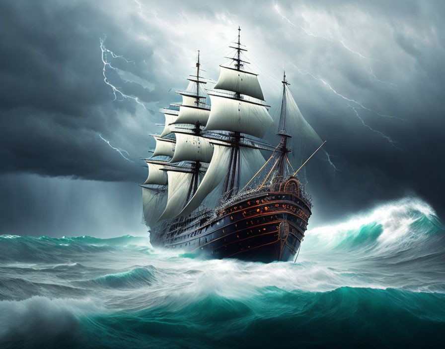 Majestic tall ship in stormy seas with lightning