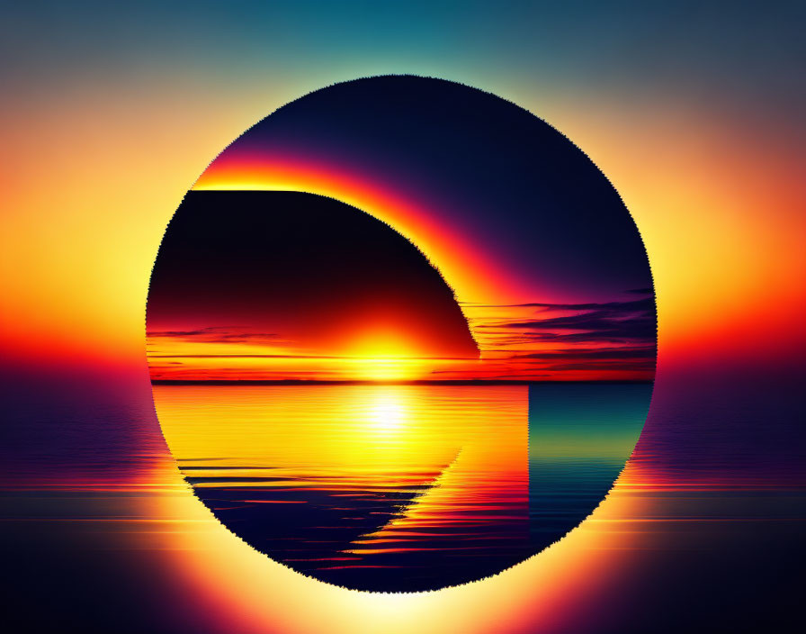 Vivid Sunset Reflection on Tranquil Water in Abstract Circular Frame