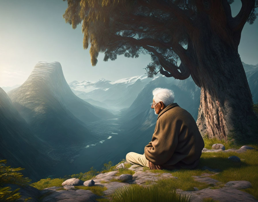 Elderly person under large tree in tranquil mountain valley at sunrise or sunset