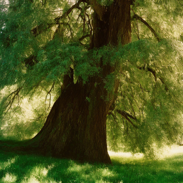 Thick trunk old tree with vibrant green foliage