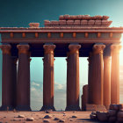 Ancient ruins with Corinthian columns and lone figure in desert landscape