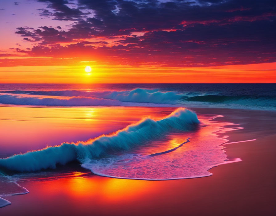 Vivid ocean sunset with purple and orange sky reflected on wet beach