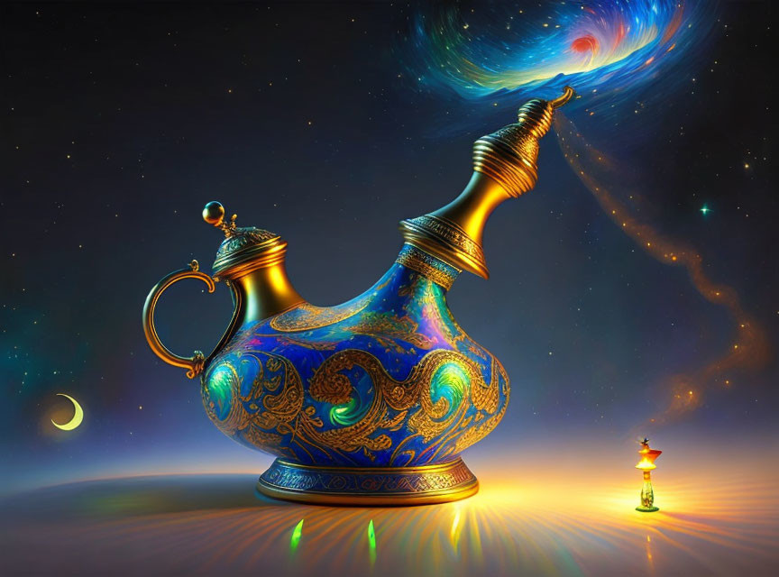 Blue Genie Lamp with Gold Patterns and Galaxy Swirl on Starry Sky