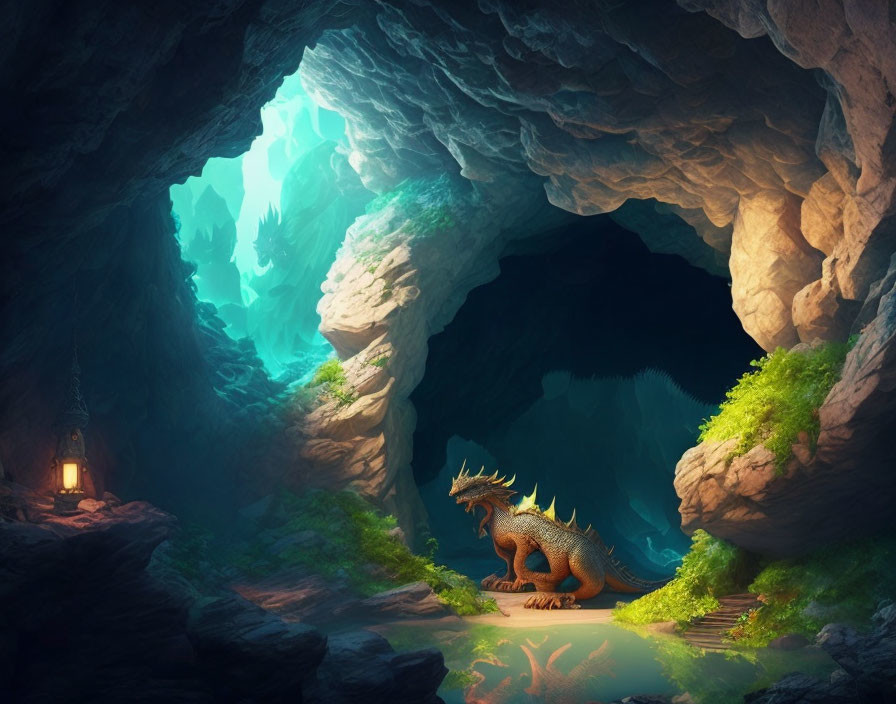 Mystical dragon in luminous cave with glowing lantern and blue-lit passage