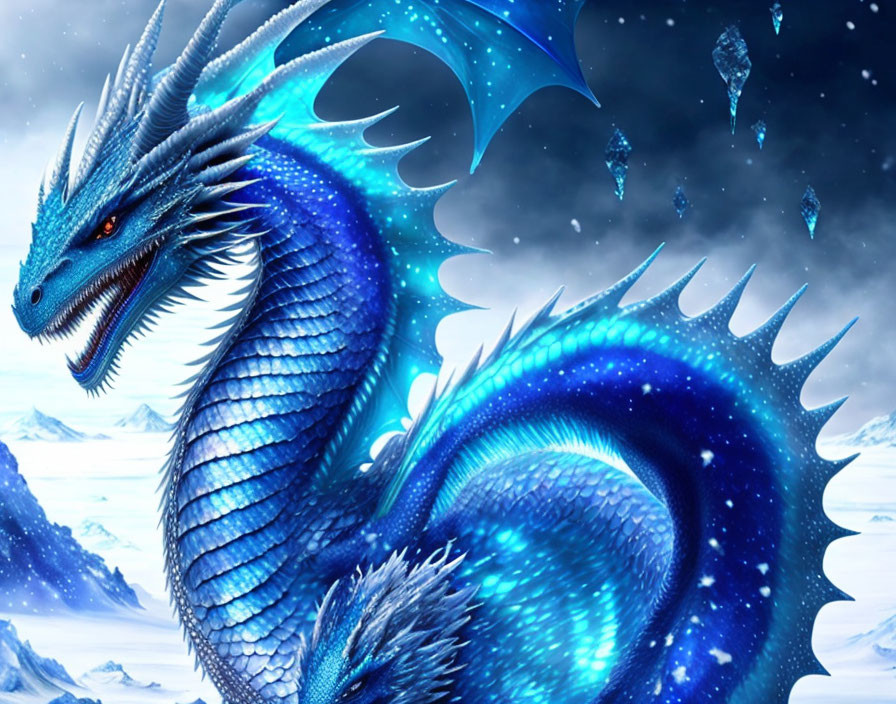 Blue Dragon with Glowing Scales in Snowy Landscape