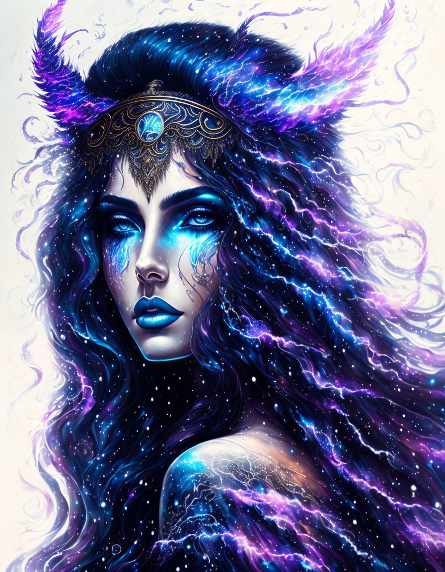 Galaxy-themed mystical female figure with feathered headdress and intricate jewelry.