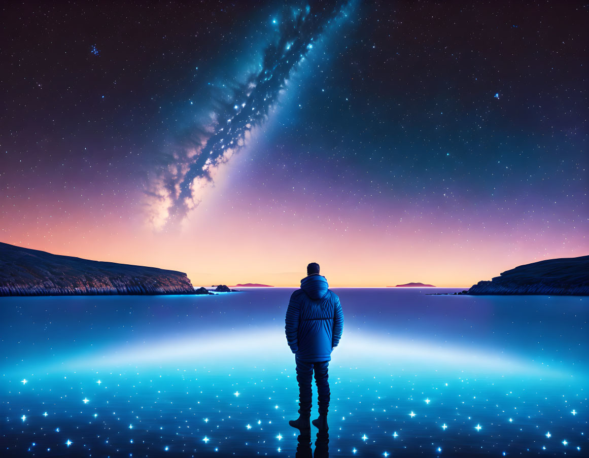 Person in Winter Clothing at Serene Lakeside Under Starry Sky with Milky Way