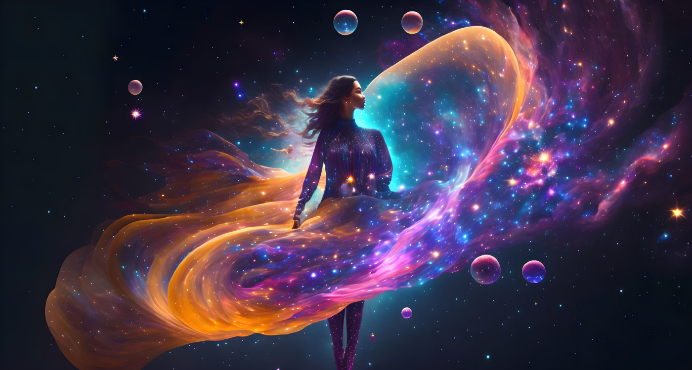 Surreal artwork: Woman merging with cosmic nebula