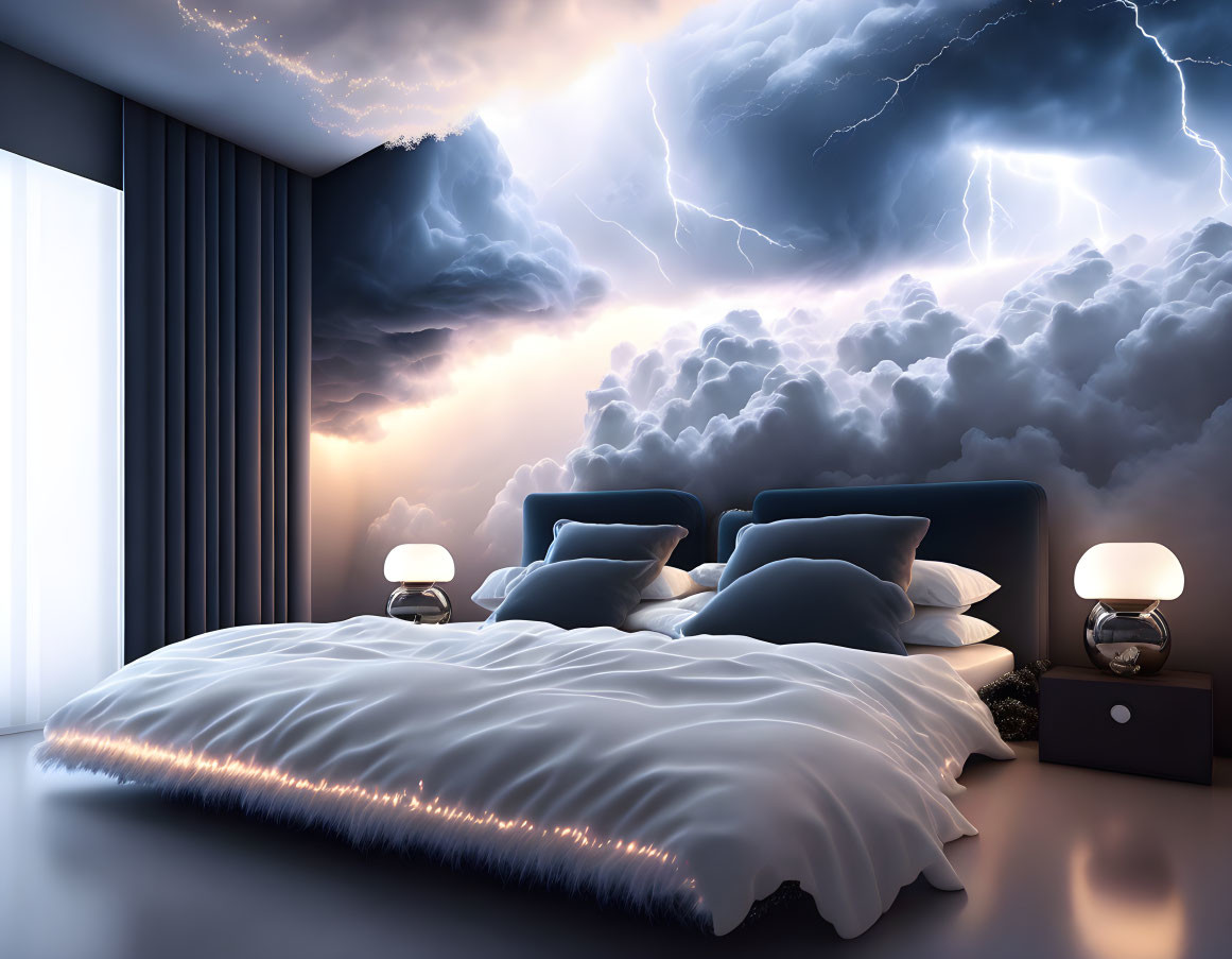 Large Bed with White Bedding in Serene Bedroom Against Stormy Sky